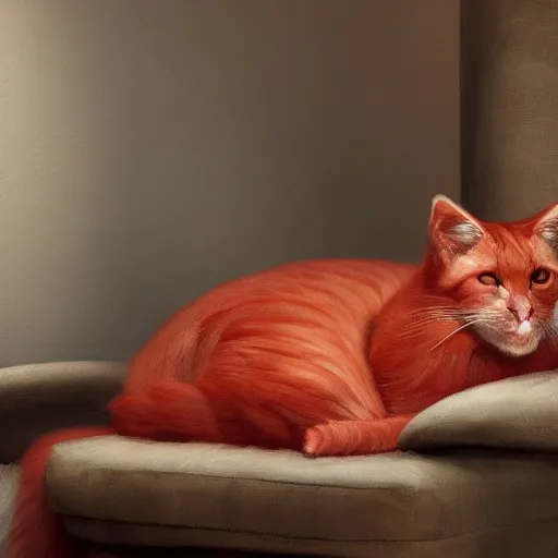 Image similar to a beautiful painting of a red cat laying on a fluffy pillow in a leather chair by Aaron Blaise and Craig Mullins, highly detailed, trending on artstation, unreal engine, octane render,