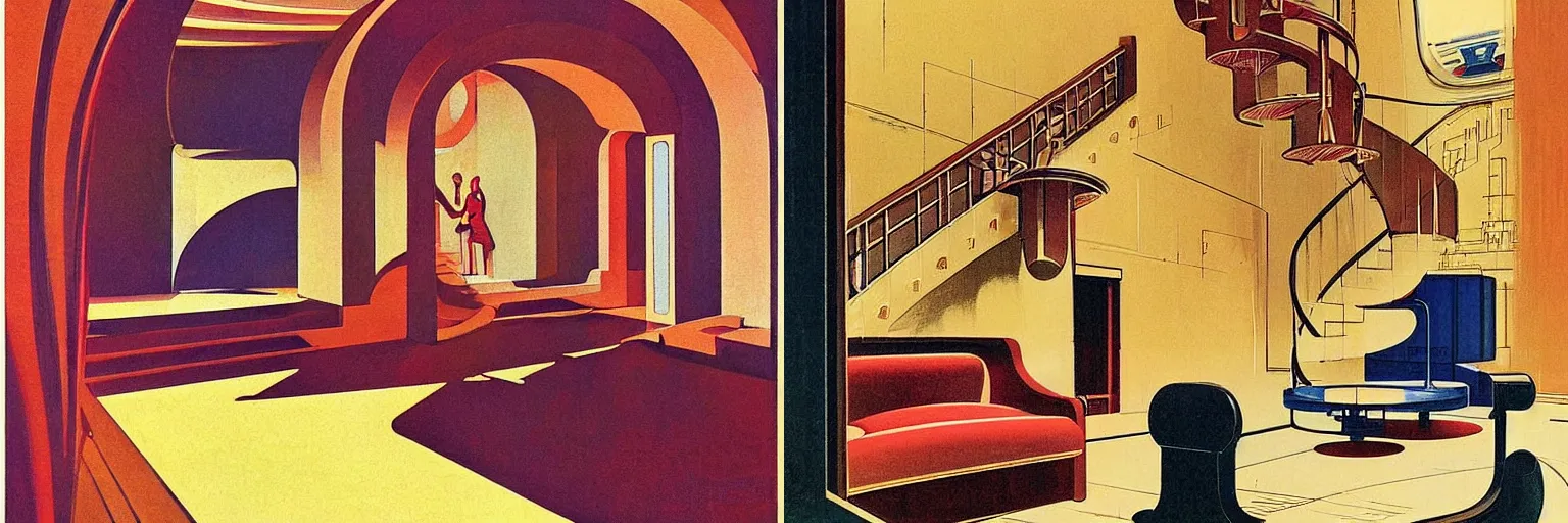 Prompt: glorious illustration by Jean Giraud, 1930s Art Deco vintage interior design magazine page by Syd Mead and Ralph Mcquarrie, interior concept art by Syd Mead, surrealist retro grand spiral staircase interior concept art, by Edward Hopper, by Jean Giraud, art nouveau