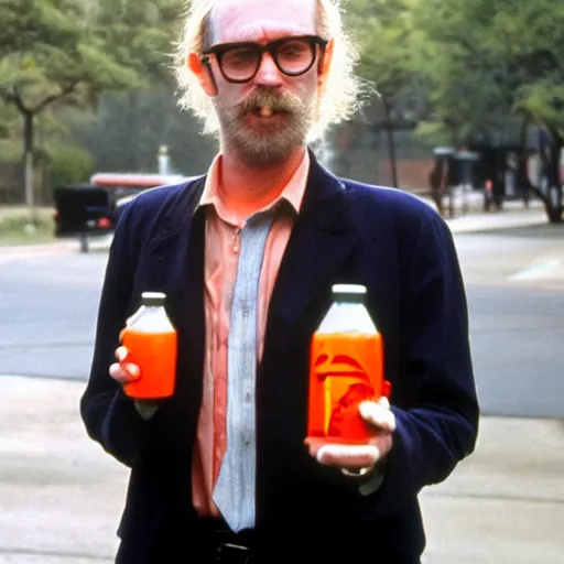 Prompt: hugh hopper on a street corner holding diet pepsi in one hand and an orange in his other hand