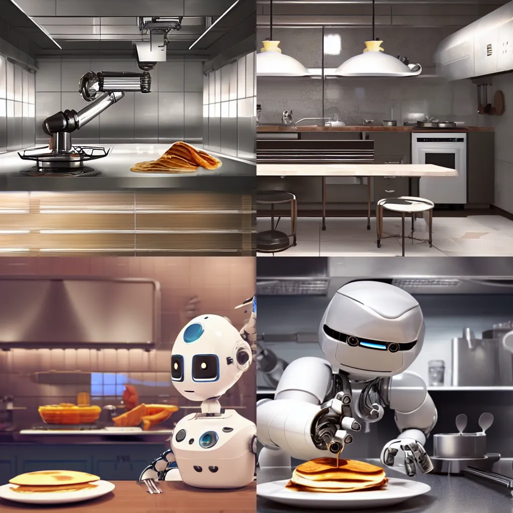 Prompt: “a robot cooking pancakes in a beautiful open kitchen, unreal 4k photorealistic”