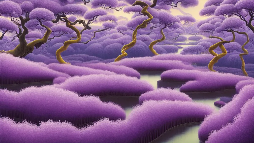 Prompt: digital painting of a lush sinuous river valley by gerald brom. purple river. cold icy day. chiho aoshima. wisteria. digital render. detailed. beautiful landscape.