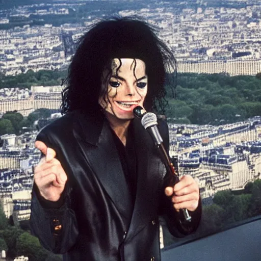 Prompt: old Michael Jackson recording music video in top of the Eiffel Tower, 4k 2022