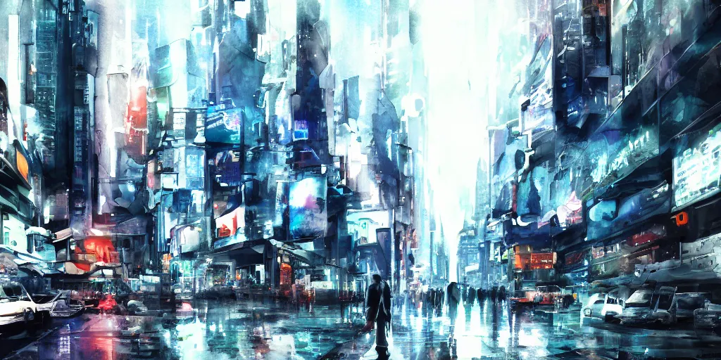 Prompt: the coming AI singularity, street scene, ultrawide watercolor, Ghost in the Shell