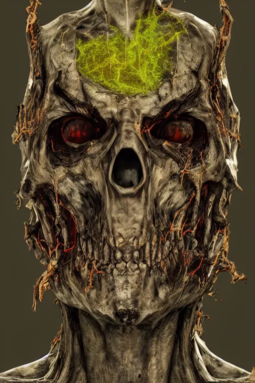 Image similar to portrait of the god of decay and rot, character design, scary, radiating with power, glowing yellow eyes, whirling death, disgusting, dripping, oily, decomposition, ghostly mist, scary, unreal engine, photorealistic