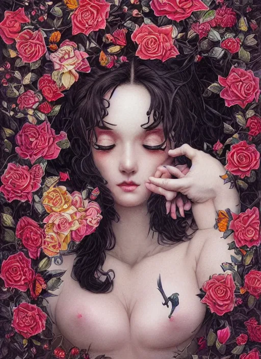 Image similar to lisa ann, cat eye, botanical, rose, portrait face, colorful, kupka, intricate, miles johnston, kuroda seiki, ozabu, godward, painterly, yoshitaka amano, moebius, miles johnston, louise zhang, james jean, mark ryden lowbrow pop surrealism art style