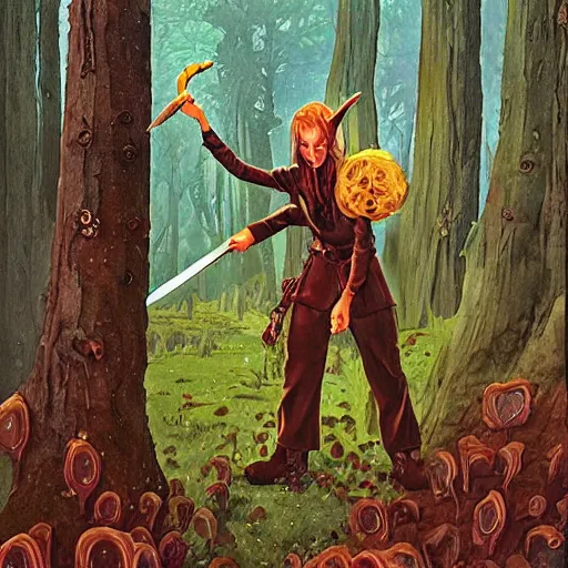 Image similar to moonshine cybin, epic level dnd wood elf spore druidess, wielding a magical sword, wearing magical overalls. covered in various fungi. full character concept art, realistic, high detail digital gouache painting by angus mcbride and michael whelan and jeffrey jones