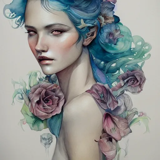 Prompt: watercolor lovers by anna dittmann, by marco mazzoni - n 9