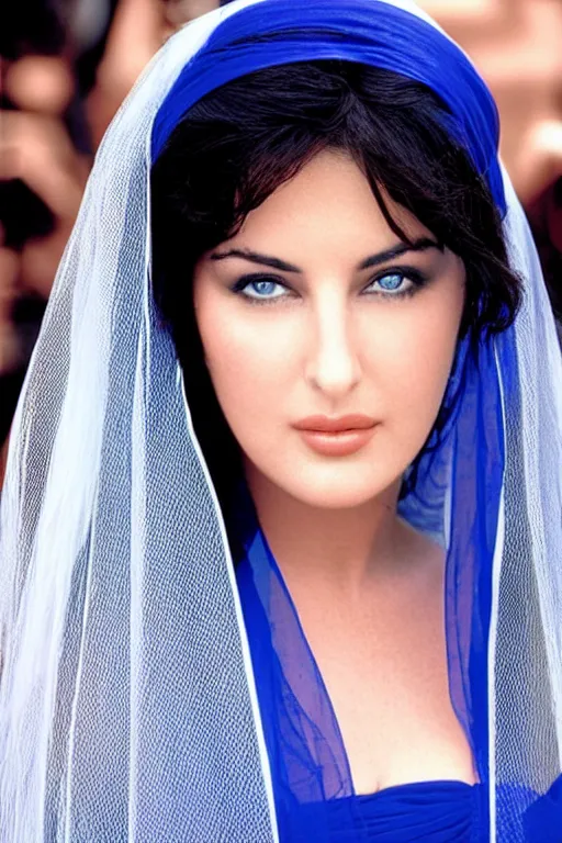 Image similar to young arab Monica Bellucci, blue eyes, long wavy black hair, white veil, closeup, focus