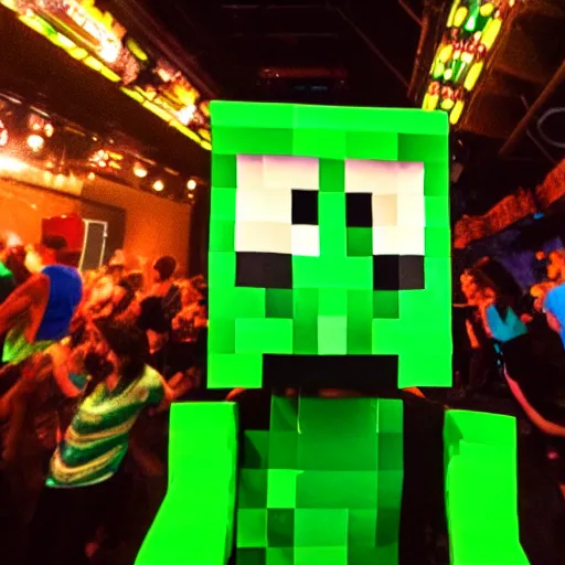 Prompt: a Minecraft creeper at a rave, 8K HD photography