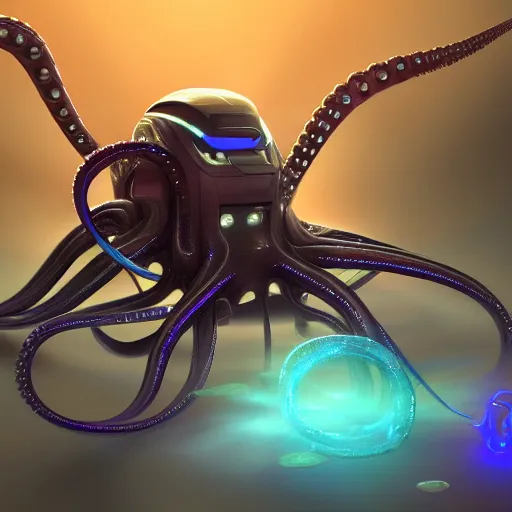 Prompt: futuristic robotic octopus with futuristic tentacles wrapped around a light speed engine in a far galaxy by johan grenier artstation 8 k 3 d