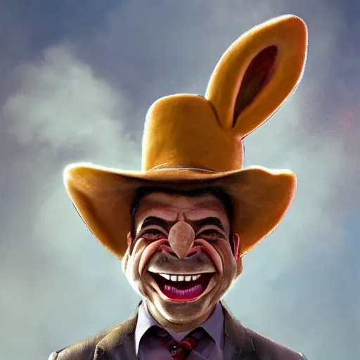 Prompt: hyper realistic, close up portrait of a mega derpy cowboy mr. bean, overly obese, big chungus, with bunny ears, smoking massive amounts of weed, big smile, chunk teeth, by greg rutkowski, scott m fischer, artgerm, loish, slight glow, atmospheric, anne stokes, alexandros pyromallis, 4 k, 8 k