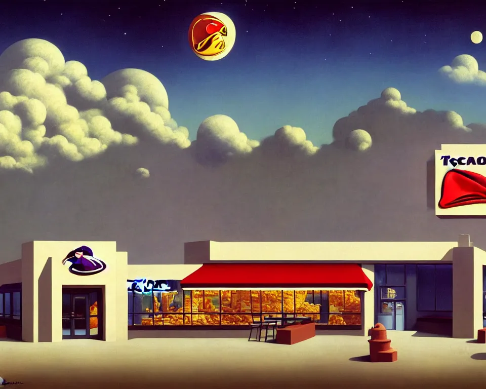 Prompt: !dream an achingly beautiful print of a Taco Bell restaurant on a lunar base by Raphael, Hopper, and Rene Magritte. detailed, romantic, enchanting, trending on artstation.