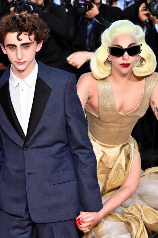 Prompt: timothee chalamet and lady gaga holding hands, beautiful detailed faces, canon eos, featured, flash lighting