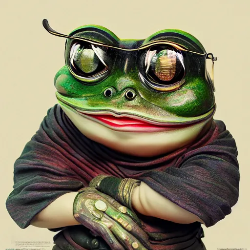 Image similar to plasticine wet shiny angles, crystal, moonlit, mirrors, camera angled dramatically, realistic hyperdetailed design of pepe the frog meme, ferocious, chinese mythology, victo nga, fumo yoshitoshi, ren jing jeong, feifei ruan, peter mohrbacher, takato yamamoto