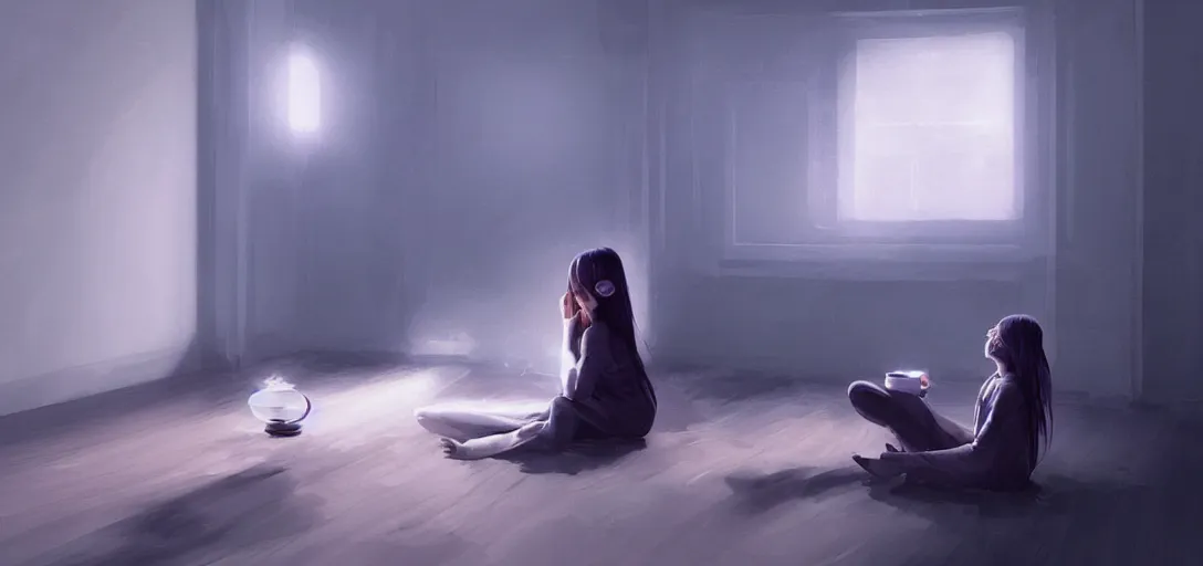 Image similar to Young Himalayan woman sitting concerned in an empty room with loneliness using psychic powers to make a lighter float| night time scene, plain walls |somber white eyes, long messy hair | gentle lighting, futuristic, dim lighting, digital art by Makoto Shinkai ilya kuvshinov and Wojtek Fus, digital art, concept art,