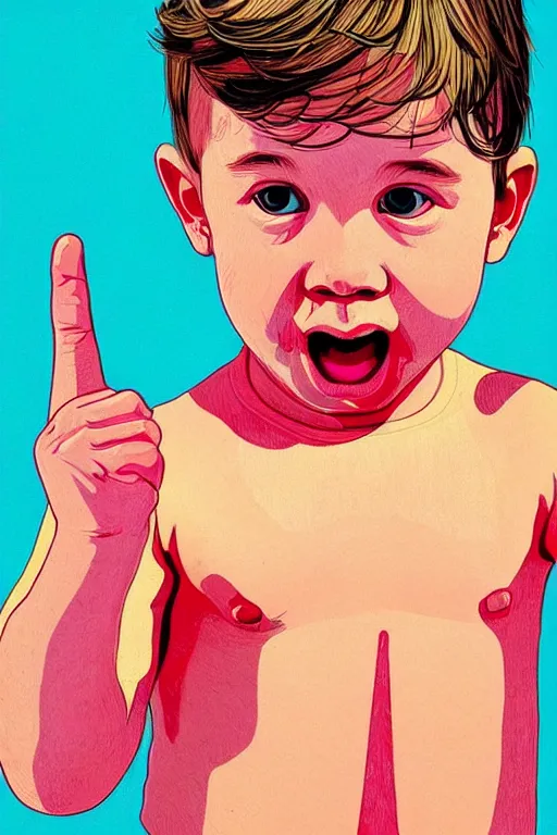 Prompt: a beautifully detailed coloured illustration of the baby boy swearing by sticking two fingers up by andrew salgado and rogier willems