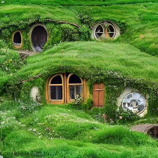 Prompt: “a town of hobbits living in under ground bungalows in the windows green field, realistic photo”