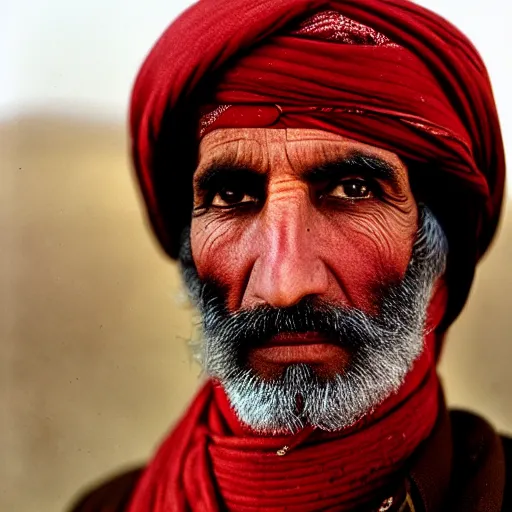 Image similar to portrait of president william henry harrison as afghan man, green eyes and red scarf looking intently, photograph by steve mccurry