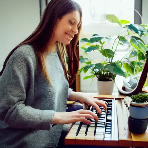 Image similar to portrait of a woman with brown hair programming a computer, photograph of the whole room, colorful computer screen, home office with plants, colorful kid toys all over the floor, piano in the background, cosy, serene, morning light, very detailed, vivid colors, solid color background, steampunk