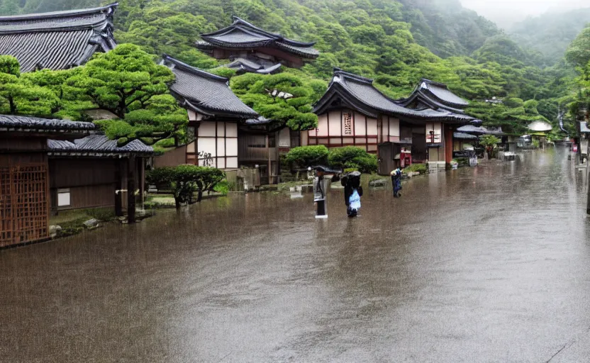 Image similar to A japanese village in pouring rain