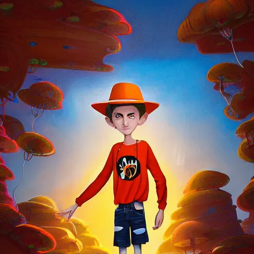 Image similar to a skinny young man wearing a hat at school with wavy hair and glowing orange eyes as a super hero, pixar cute, highly detailed, sharp focus, neon color, digital painting, floating particles, artwork by Jeremiah Ketner + Mati Klarwein + Fintan Magee + Chris Mars, background artwork by greg rutkowski