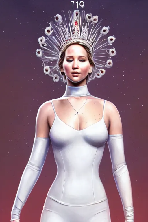 Image similar to Jennifer Lawrence as Queen wearing a White Outfit, anatomy, only two hands, highly detailed, digital painting, artstation, concept art, smooth, sharp focus, illustration, Unreal Engine 5, 8K, art by art by artgerm and greg rutkowski and edgar maxence