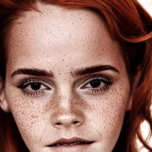 Image similar to close up portrait photo of emma watson, redhead freckles, 8 k, masterpiece, pinup, highly detailed, smooth, sharp focus