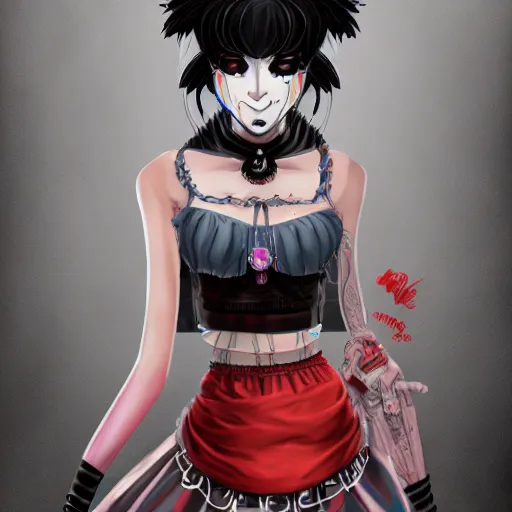 Image similar to goth anime clown in mini skirt and crop top intricate, extremely detailed, digital painting, artstation, concept art, smooth, sharp focus, illustration, intimidating lighting, incredible art, face and body