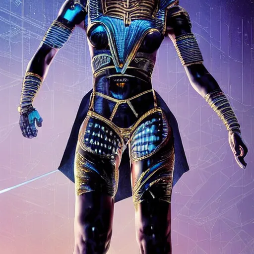 Prompt: full body portrait of the muscular Egyptian Android Pharaoh Queen, by DC comics and Sandra Chevrier and beeple, artstation, volumetric lighting and fog, hyperrealism, hyper detailed futuristic royalty, award winning costume design, cybernetic bionic ancient cyborg, fashion show runway, futuristic fine textures, woven with electricity, high fashion superpowers, floating dust particles, bokeh, mystic haze, 4k UHD, HDR