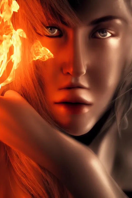 Image similar to gorgeous young blonde woman playing with flames coming out of her eyes, cyberpunk, realistic, high definition, many details, dramatic scene, symmetrical face, realistic eyes, unreal engine art 5