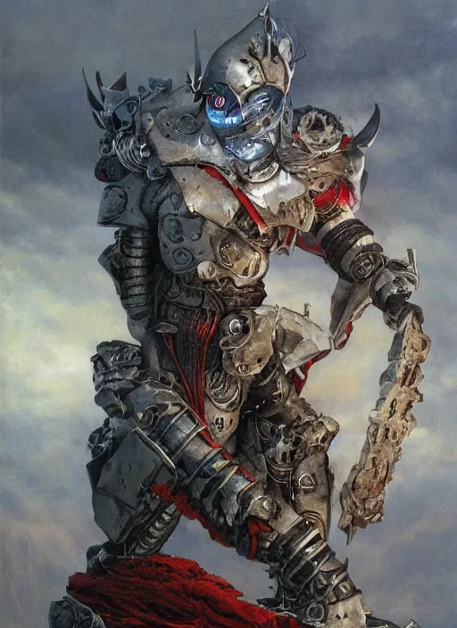 Prompt: portrait of a diabolical cyborg clown warrior, torn cape, adaptive armor, dynamic pose, heavy eyes to the side, ancient ruins, glowing veins subsurface scattering, in clouds, sunset, portrait, by gerald brom, by mikhail vrubel, by peter elson, muted colors, extreme detail, reflections, trending on artstation, 8 k