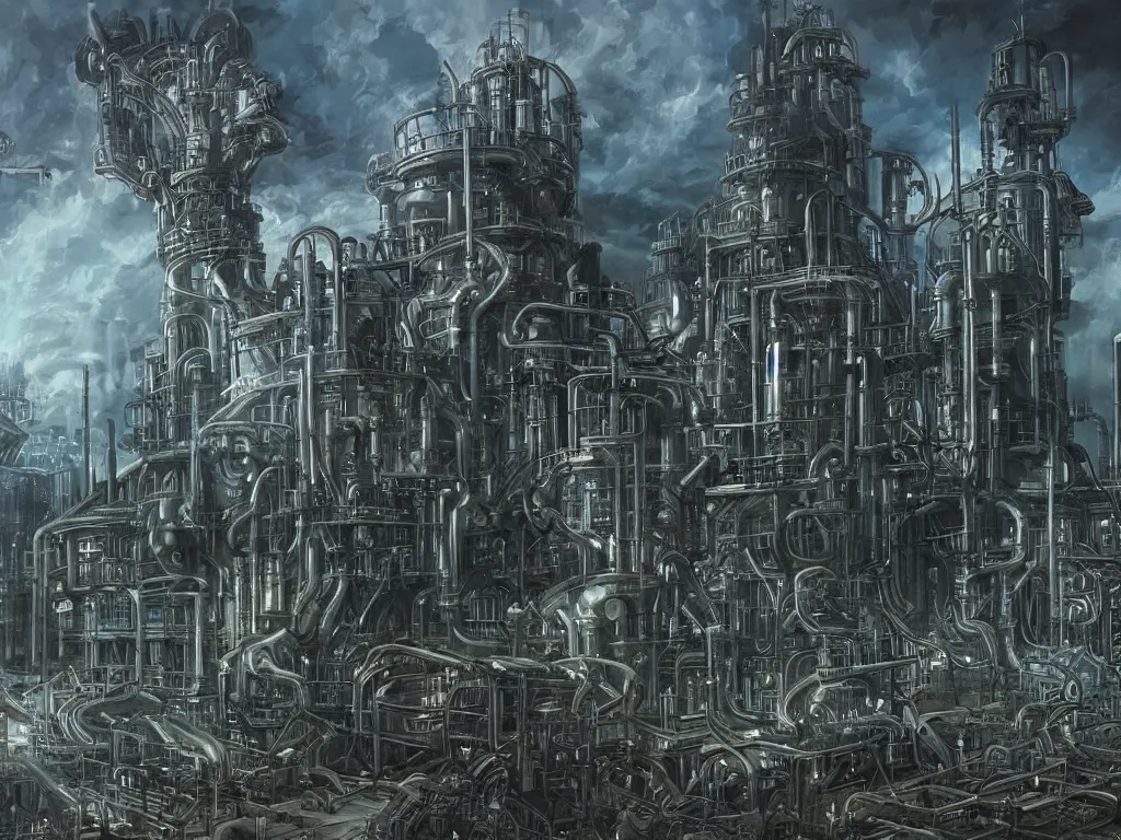 Image similar to futuristic chemical plant with gothic elements, fantasy painting, lots of detail