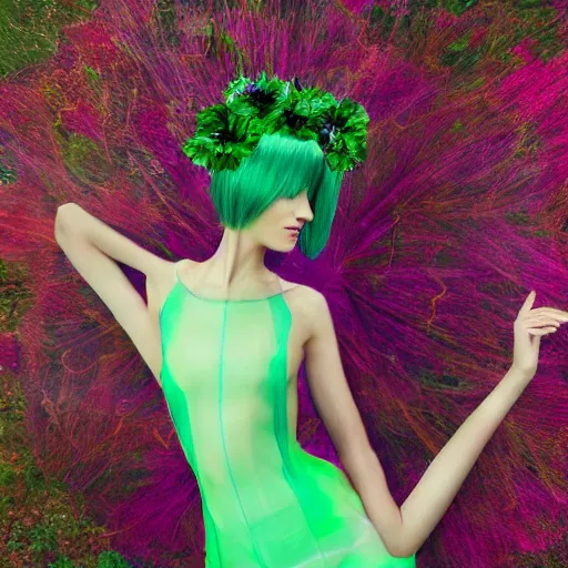 Image similar to fantasy. fashion 2 0 5 0 silk weightless translucent dress in the form of a flower. a full - length model. a beautiful slender symmetrical girl with green hair and a wreath of flowers. hyperrealistic photo