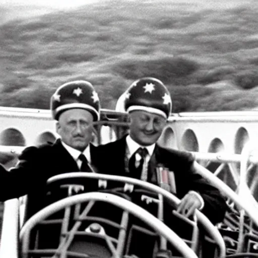 Image similar to benito mussolini and bin laden enjoying a ride on a rollercoaster wearing mickey mouse ear, gopro photo