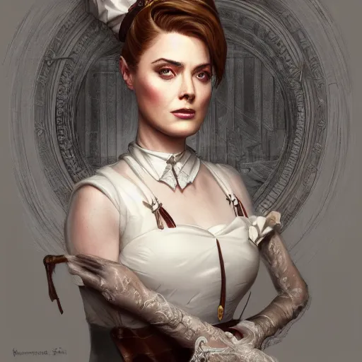 Image similar to a portrait of alexandra breckenridge as a maid, urban motifs, intricate, elegant, highly detailed, digital painting, trending on artstation, concept art, smooth sharp focus, illustration, art by artgerm and greg rutkowski