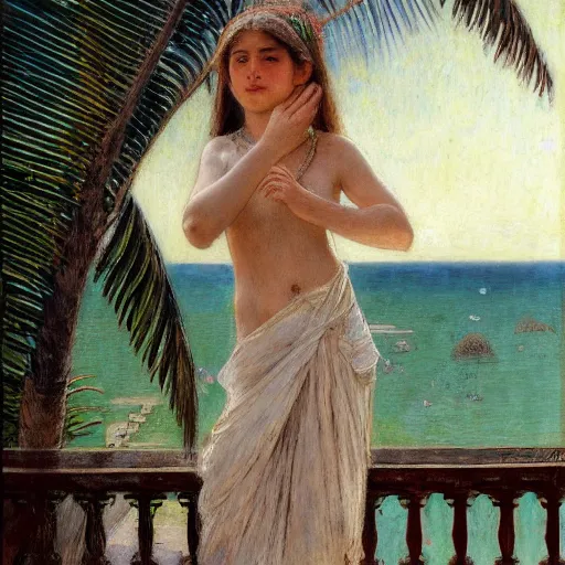 Image similar to a ultradetailed beautiful painting of a girl in the amazonas palace balustrade designed by jules bastien - lepage, hans belmer, frank weston and gustave baumann, beach, trending on artstation, mediterranean, palm trees, detailed face, sharp focus, soft light, 8 k 4 k