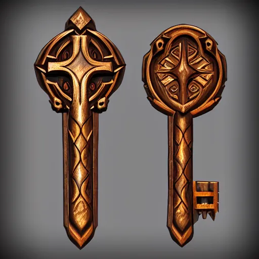 Image similar to a medieval wooden key for the doors, rpg game inventory item, Warcraft style, outer glow, solid background, trending on artstation