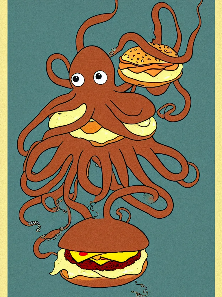 Prompt: tierra connor style poster illustration of an octopus eating a burger, vintage muted colors, some grungy markings
