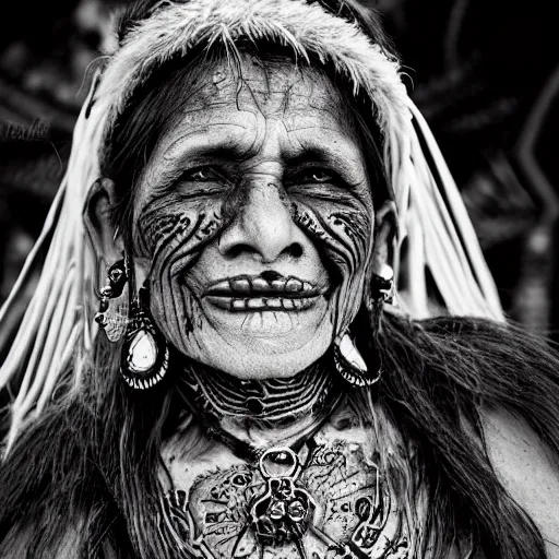 Prompt: portrait of a haggard old wrinkled female mexican goblin shaman, intricate ornate scars and tattoos all over, bone jewellery, dark ambience, rococo style, macabre
