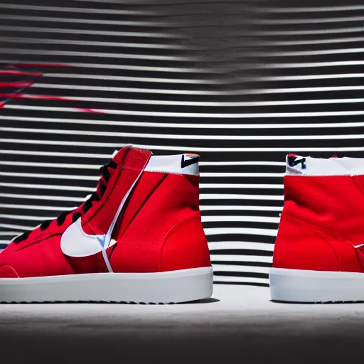 Image similar to a studio photoshoot of new Nike high top sneaker with red white wave stripes, designed by Virgil Abloh, leather and suede, Off-White, realistic, color film photography by Tlyer Mitchell, 35 mm, graflex