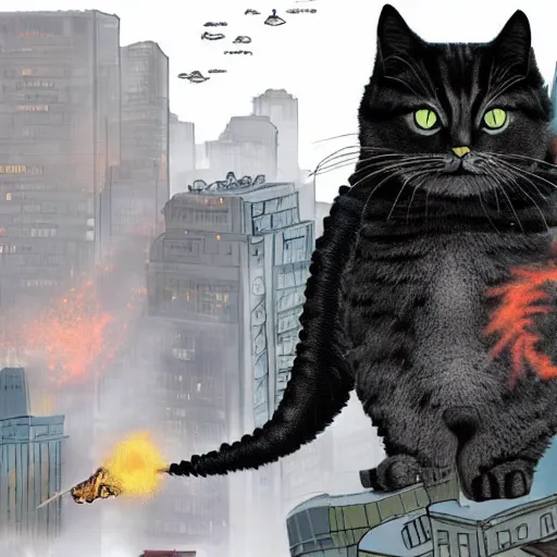 Image similar to cat, Godzilla, destroy city