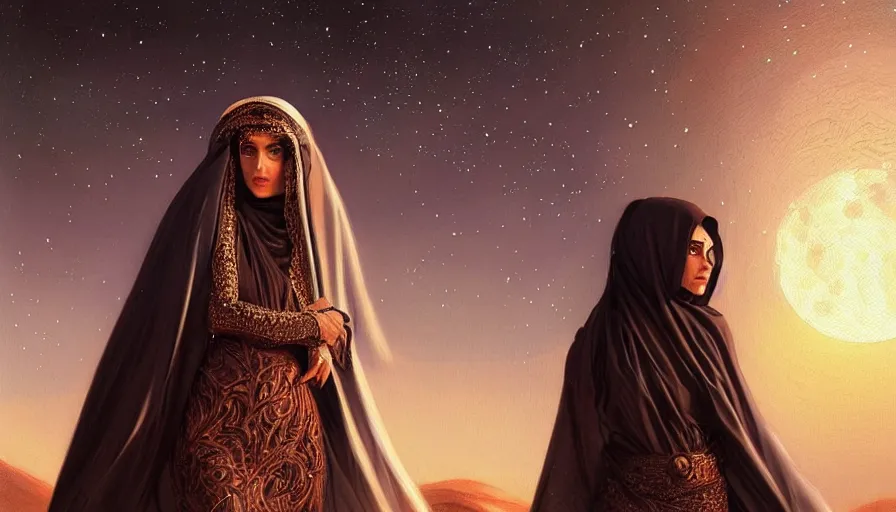 Prompt: Portrait of very beautiful Arab woman wearing a Chador, under giant full moon in the desert, intricate, glowing magical eyes, energy trails, elegant, highly detailed, digital painting, artstation, concept art, smooth, sharp focus, illustration, art by artgerm and greg rutkowski and alphonse mucha