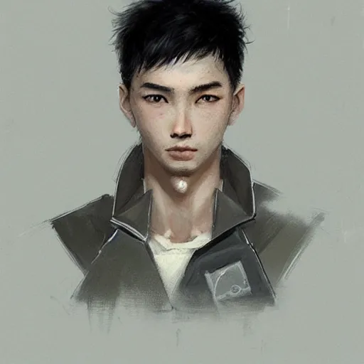 Image similar to Portrait of a man by Greg Rutkowski, he is about 20 years old, korean, short black hair, young, manly, attractive, tall and slim, smart looking, he is wearing futuristic military fatigues, highly detailed portrait, scifi, digital painting, artstation, concept art, smooth, sharp foccus ilustration, Artstation HQ