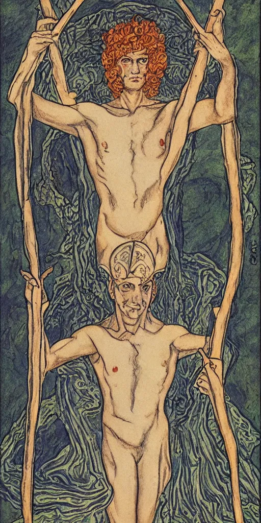 Prompt: prince of wands tarot card by austin osman spare