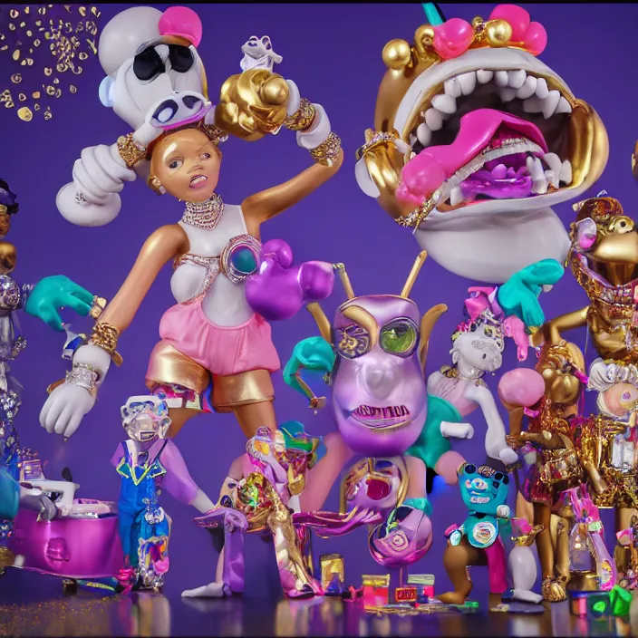 Image similar to jeff koons hip hop bauhaus style street sharks sailor moon wearing diamond grillz and a ton of bussdown iced gold bling in wallace & gromit strata - cut claymation, ultra realistic, concept art, intricate details, serious, highly detailed, photorealistic, octane render, 8 k, unreal engine, art by artgerm