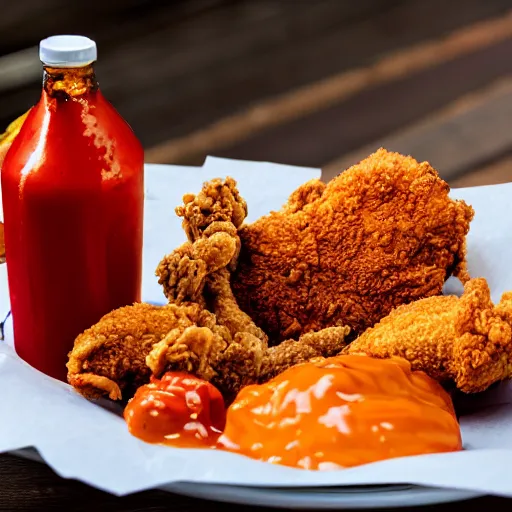 Image similar to photograph of a fried chicken and funnel cake basket, Buffalo sauce on the side, 4K, HD