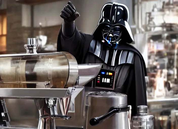 Image similar to film still of Darth Vader working as a barista in the new Star Wars movie, 4k