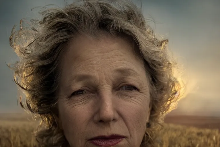 Image similar to a highly detailed cinematic headshot portrait of a frozen middle aged woman stood in a field, field on fire, ultra realistic, depth, beautiful lighting, by annie leibovitz, photorealistic, hyperrealistic, octane, masterpiece