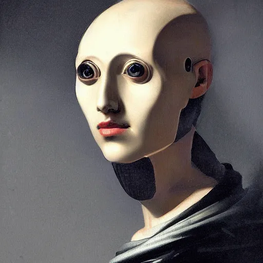 Image similar to portrait of a robot by caravaggio in the style of greg rutkowski