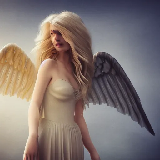 Prompt: very pretty blond female angel with large wings landing on a mountain top, shallow depth of field, moody lighting, 8 k, concept art, martina fackova,